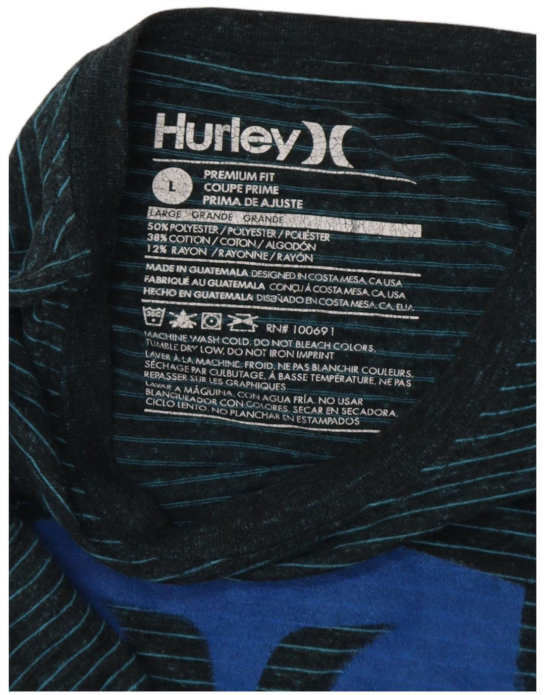 HURLEY Męski T-shirt z grafiką Premium Fit, duży, niebieski, poliestrowy w prążki
