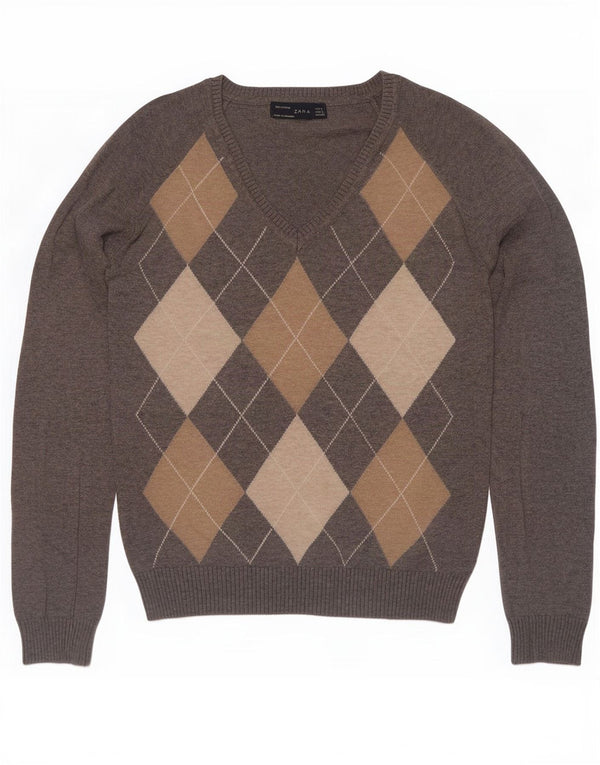 Sweter damski Zara Crop V-Neck UK 14 Large Szary Argyle/Diament