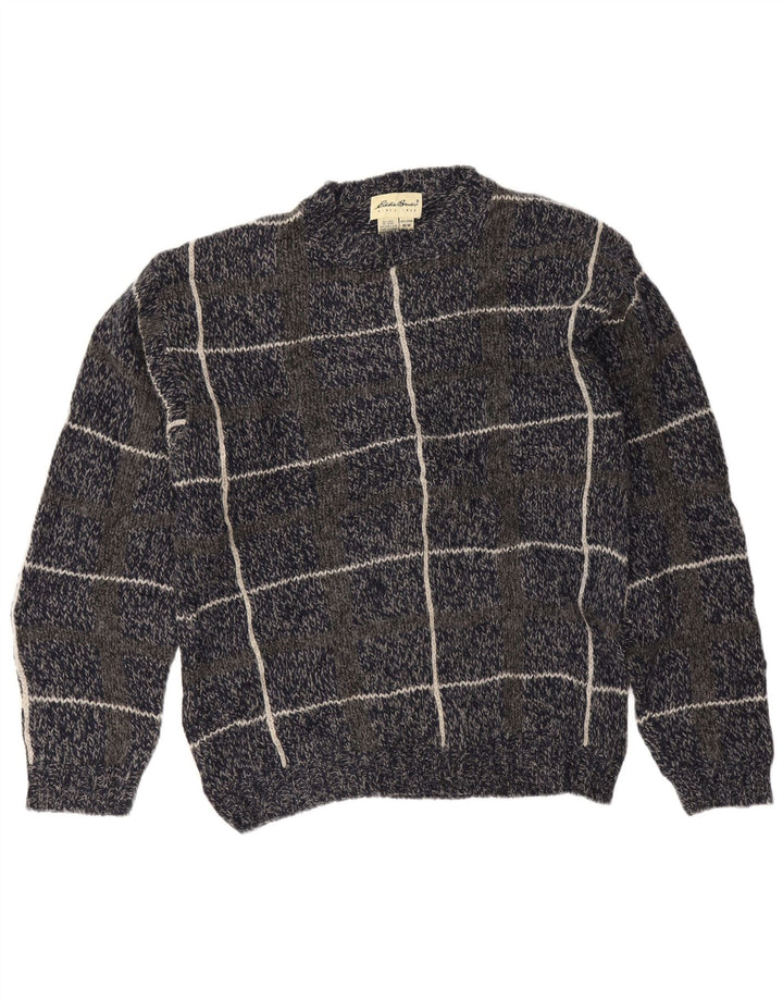 Męski sweter z okrągłym dekoltem Eddie Bauer, średni granatowy, wełniany kratkę