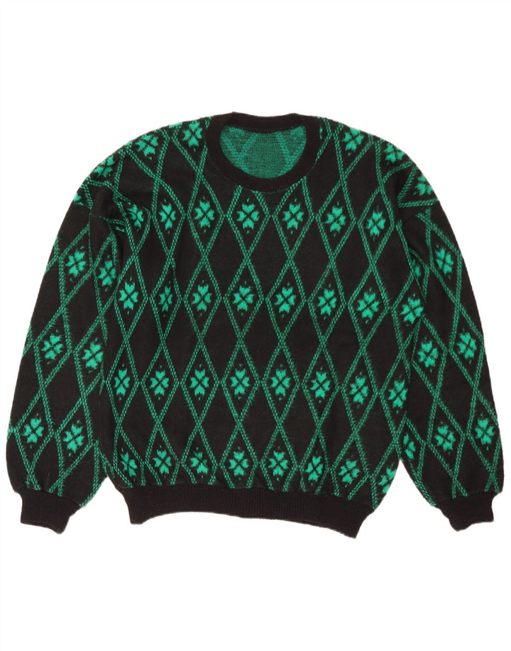 Vintage męski sweter z okrągłym dekoltem, średnio zielony Argyle/diament