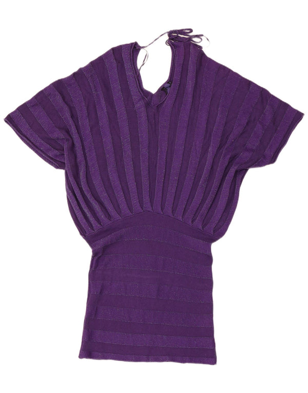Vintage Womens Batwing Drop Waist Dress UK 10 Small Purple Striped Rayon