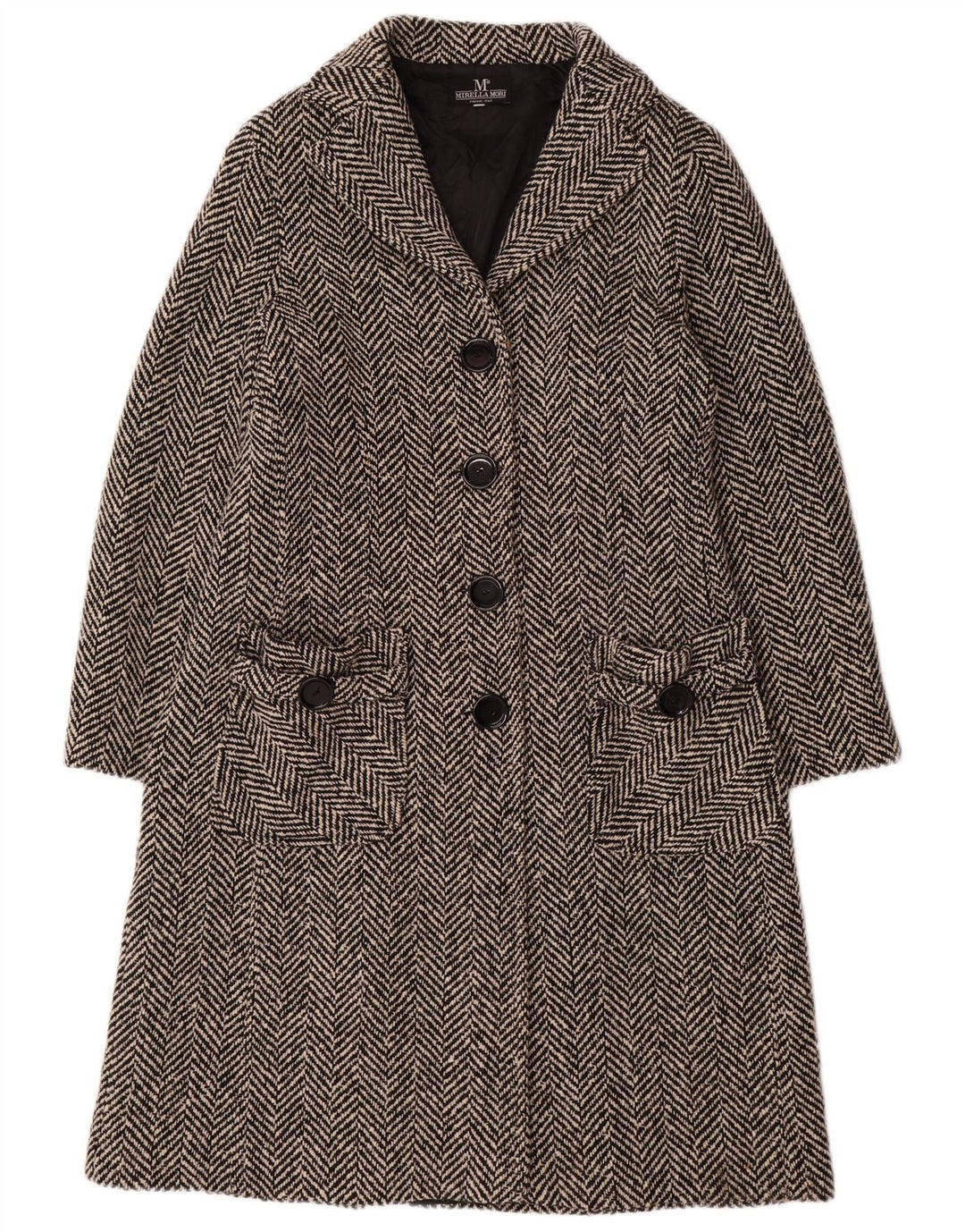 MIRELLA MORI Damski płaszcz oversize UK 18 XL, czarna wełna w jodełkę