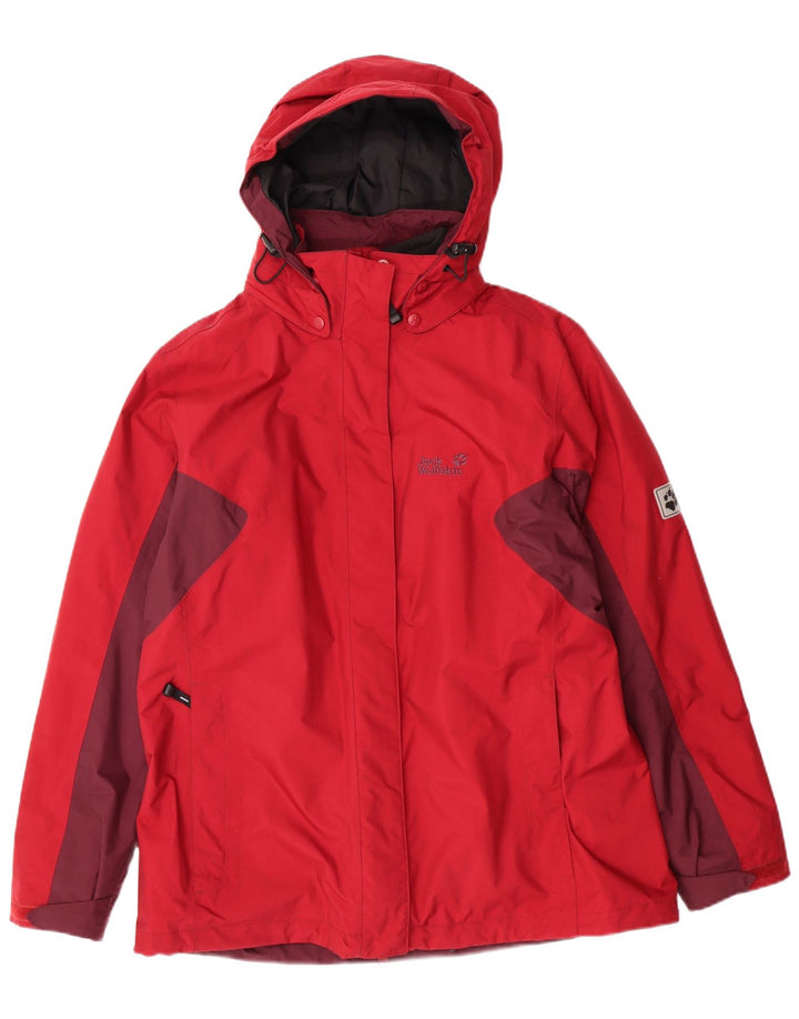 Damska kurtka przeciwdeszczowa z kapturem JACK WOLFSKIN UK 16, duża, czerwona, z blokami kolorów
