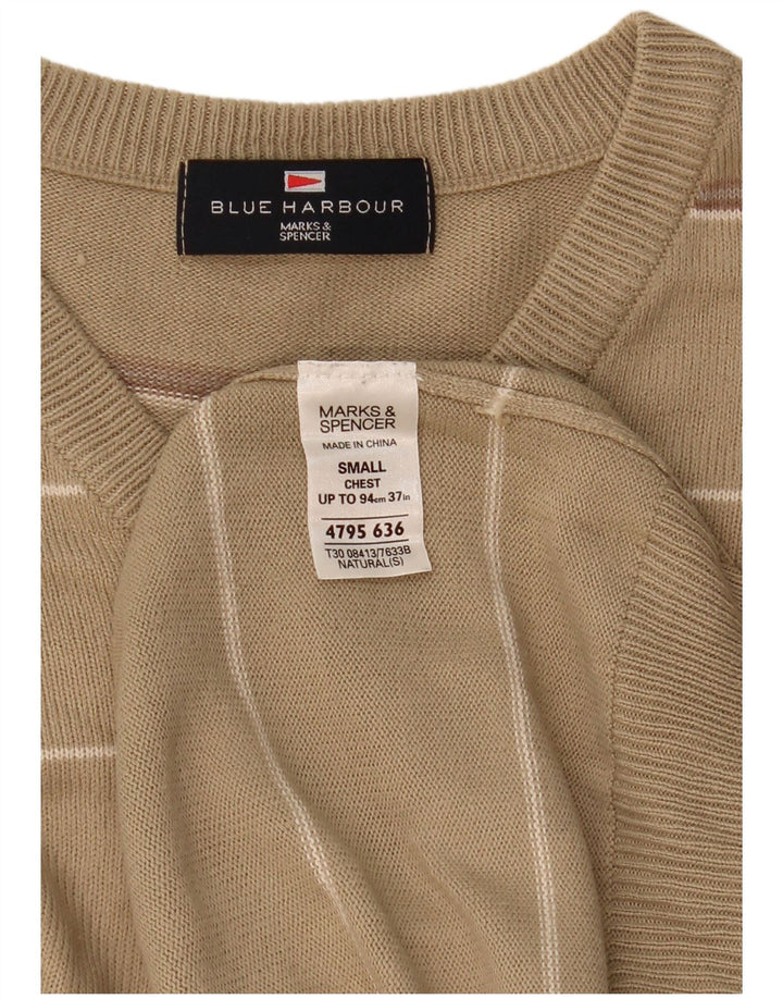 Męski sweter Marks & Spencer Blue Harbor z dekoltem w kształcie litery V, w małe beżowe paski