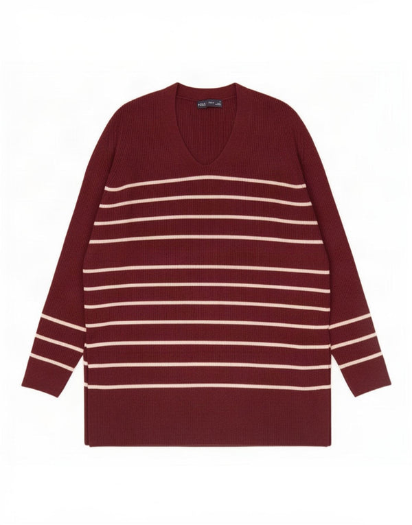 Marks & Spencer Damski sweter z dekoltem w kształcie litery V, UK 14, duże, bordowe paski