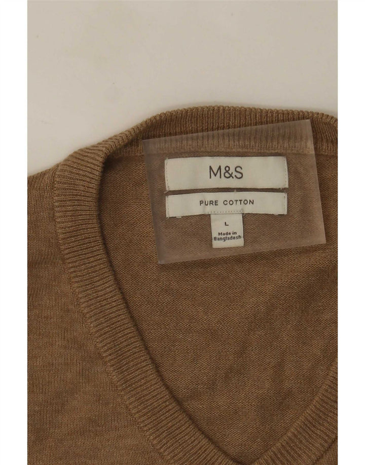 Marks & Spencer Męski sweter z dekoltem w kształcie litery V, duży, brązowy, bawełniany