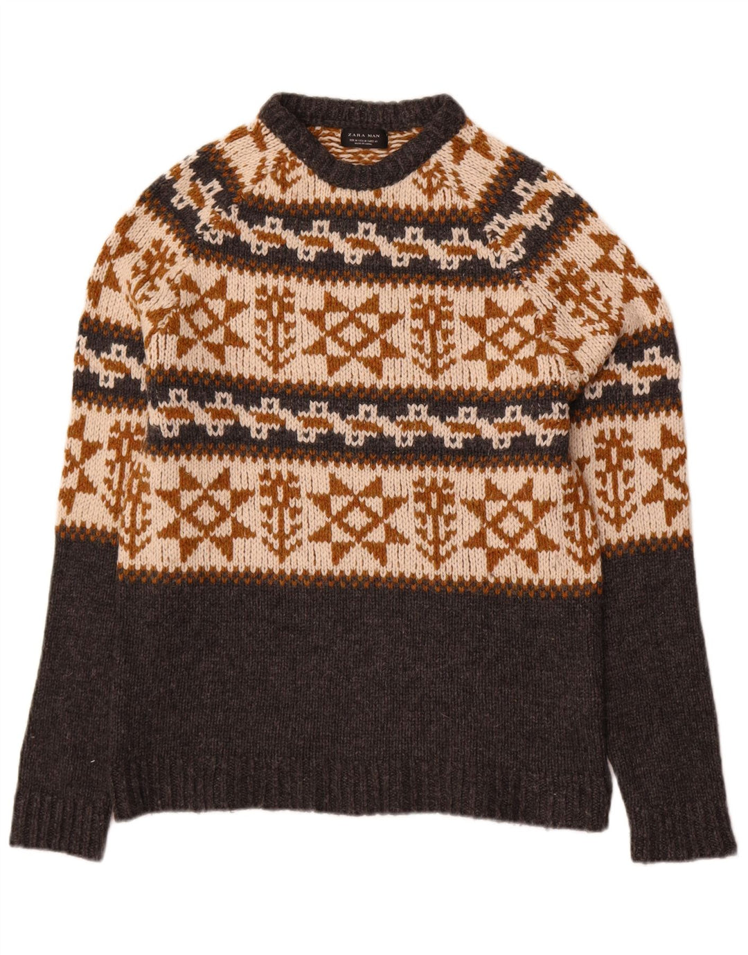 Męski sweter Zara z okrągłym dekoltem, średnio szary, akryl Fair Isle