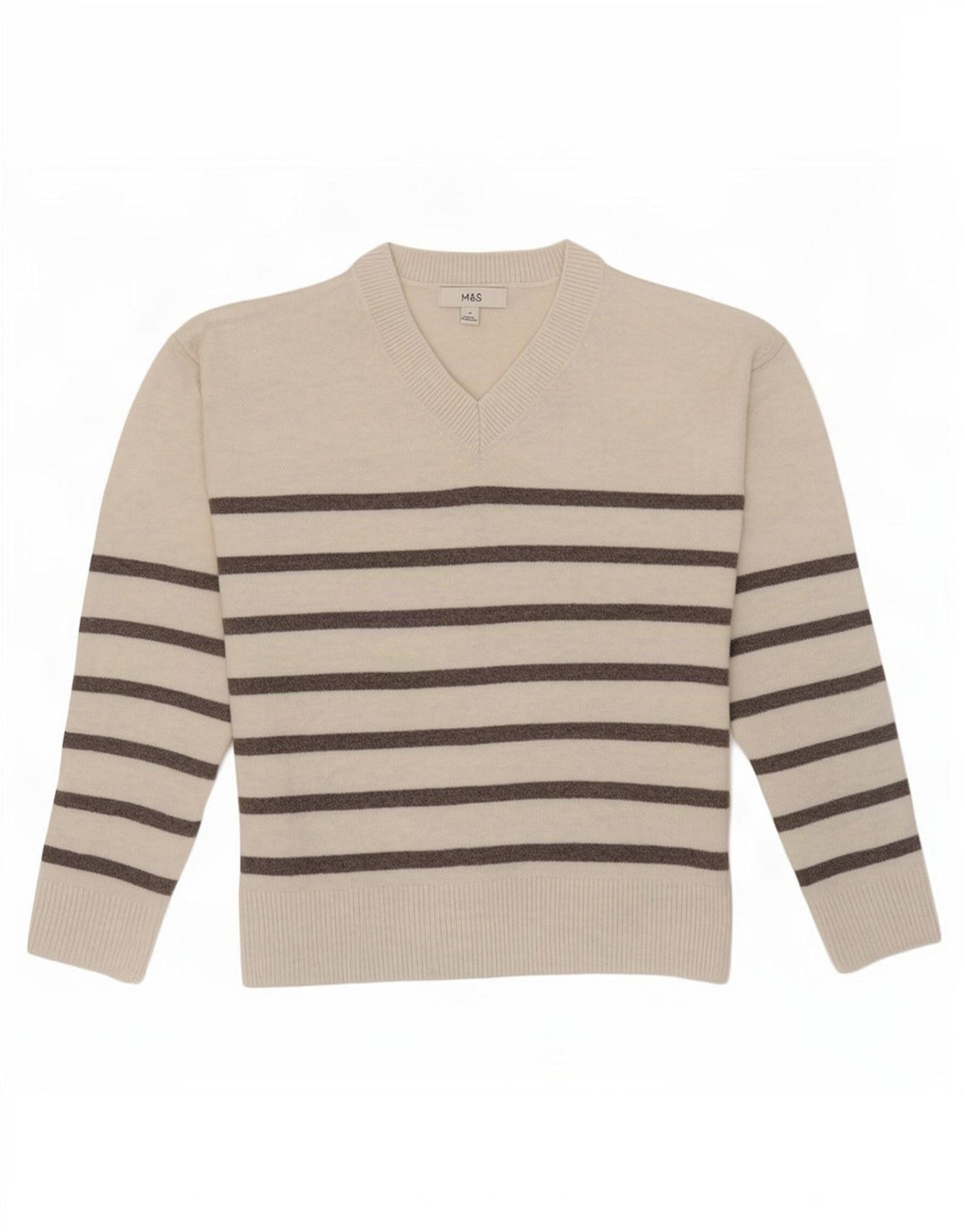 Marks & Spencer Damski sweter z dekoltem w kształcie litery V, UK 10, w małe złamane białe paski