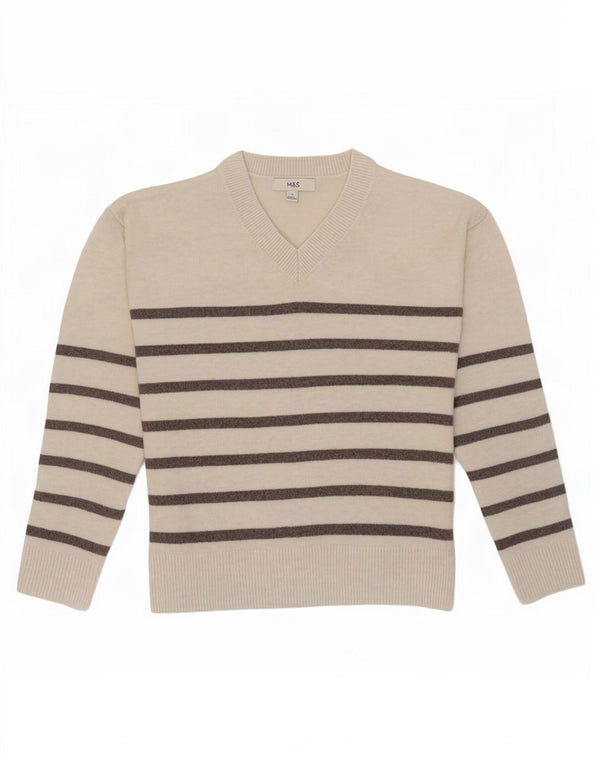 Marks & Spencer Damski sweter z dekoltem w kształcie litery V, UK 10, w małe złamane białe paski