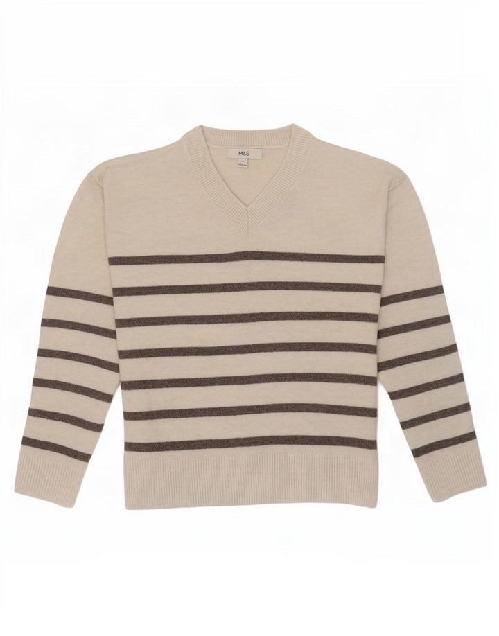 Marks & Spencer Damski sweter z dekoltem w kształcie litery V, UK 10, w małe złamane białe paski