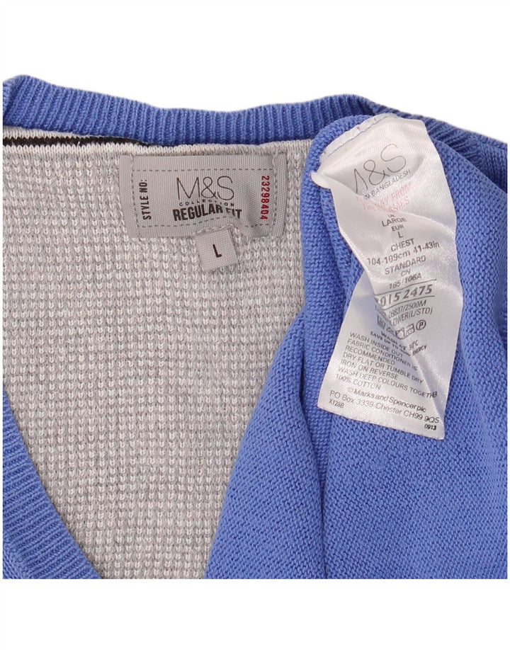 Marks & Spencer Męski sweter o regularnym kroju z dekoltem w kształcie litery V, duży, niebieski, bawełniany