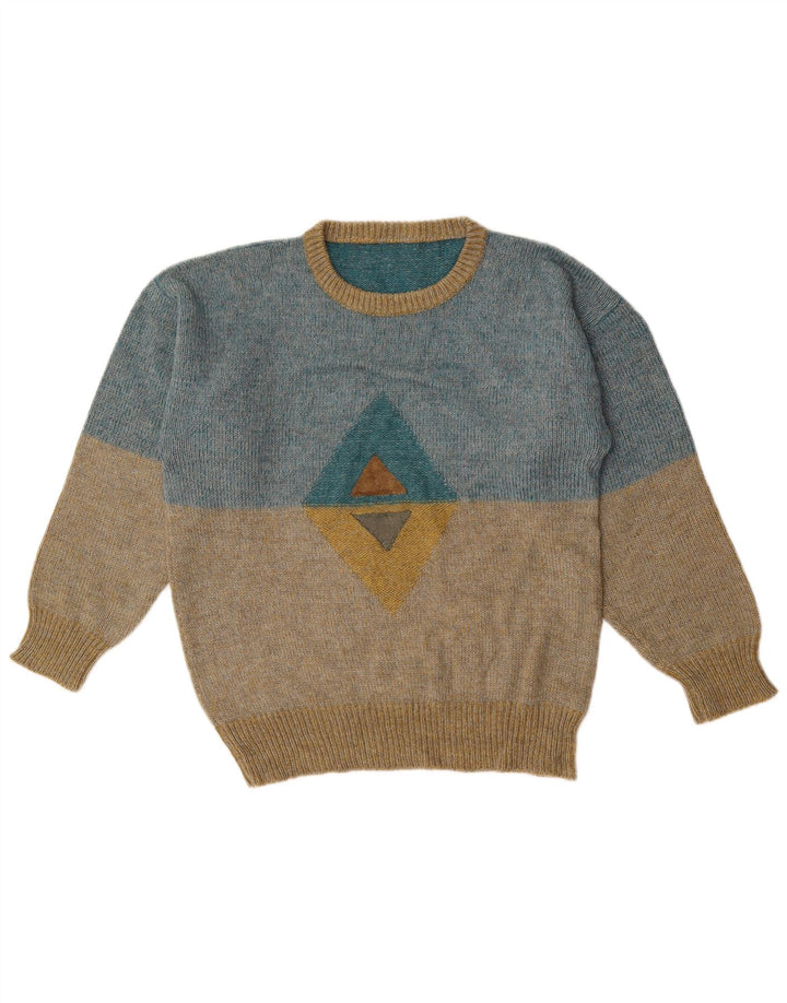 Męski sweter w stylu vintage z graficznym wycięciem pod szyją i średnim niebieskim kolorem