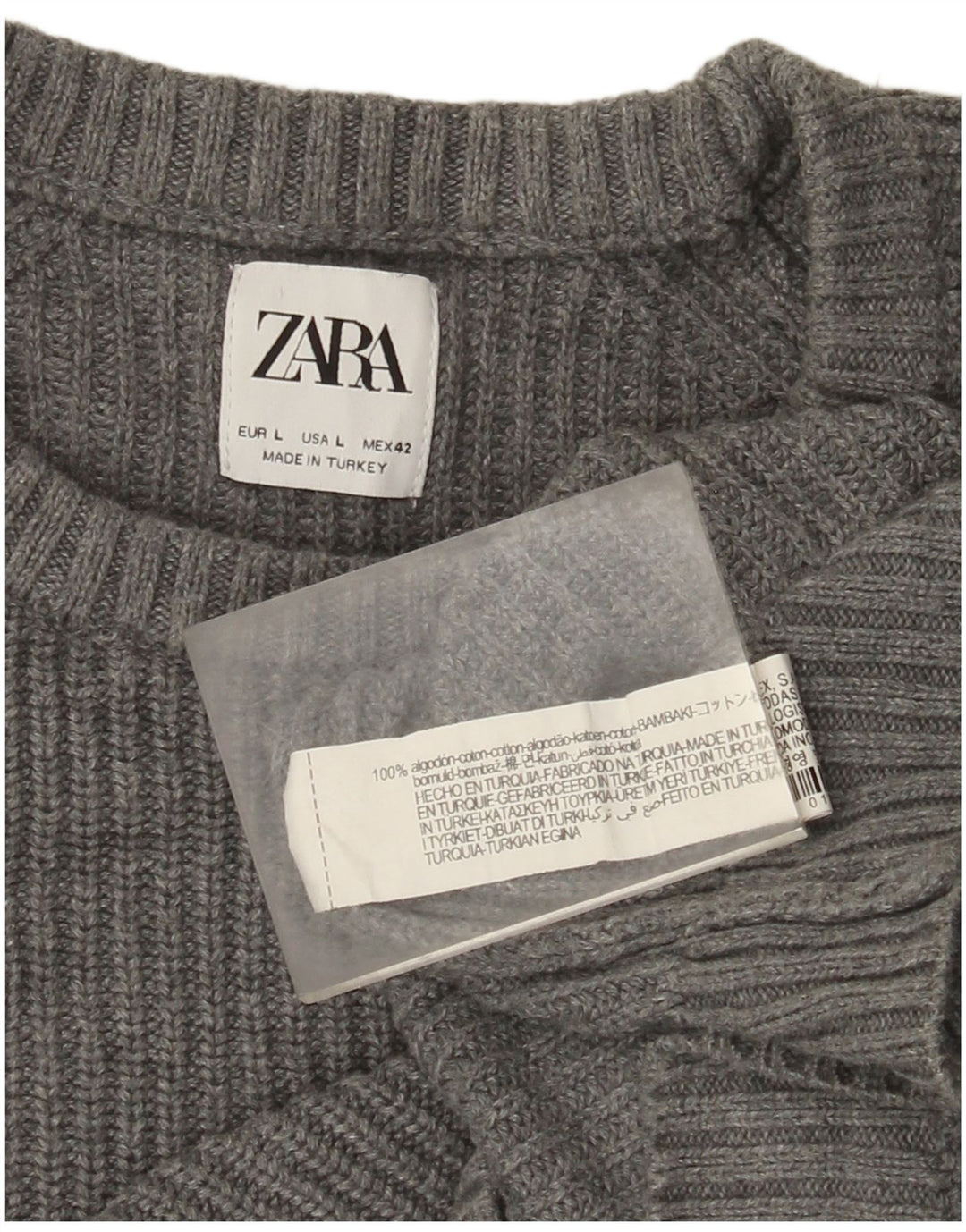 Męski sweter Zara z okrągłym dekoltem, duży, szary, bawełniany