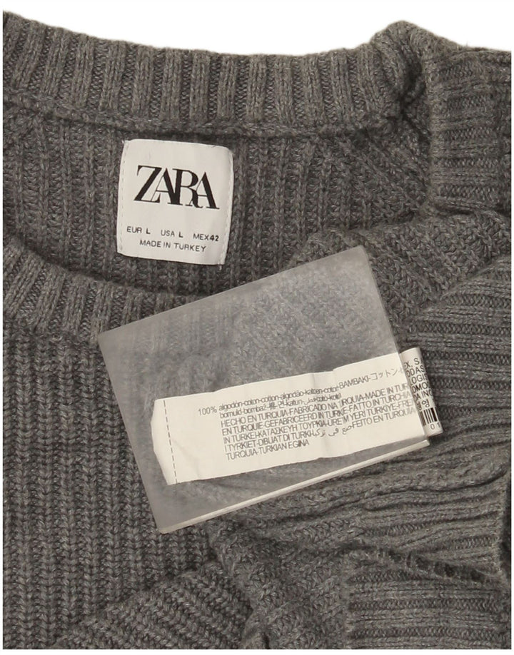 Męski sweter Zara z okrągłym dekoltem, duży, szary, bawełniany