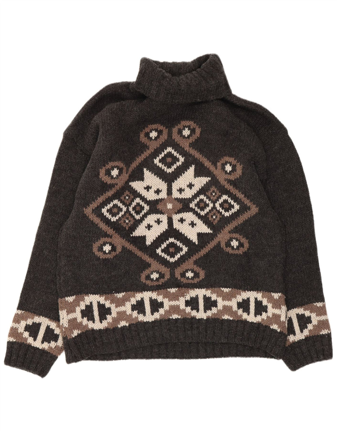 Damski sweter Kaos z wywijanym dekoltem UK 14, duży, szary, geometryczny, wełniany