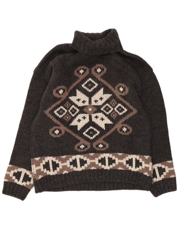 Damski sweter Kaos z wywijanym dekoltem UK 14, duży, szary, geometryczny, wełniany