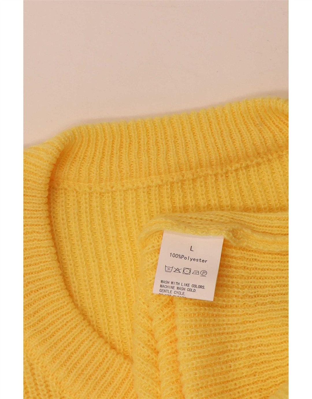 Sweter damski w stylu vintage z dekoltem w szpic, UK 16, duży, żółty poliester