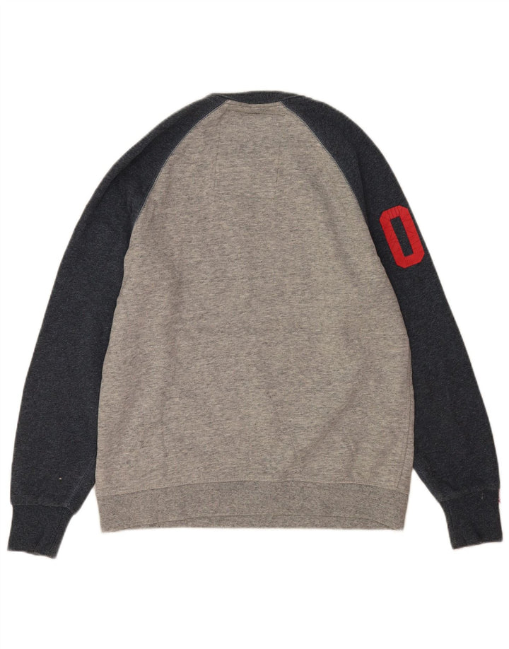 Męski sweter z grafiką Superdry, bawełniany, średnioszary, z blokami kolorów