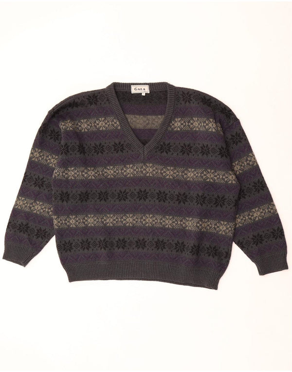 Damski sweter oversize GALA z dekoltem w kształcie litery V, UK 16, duży fioletowy Fair Isle