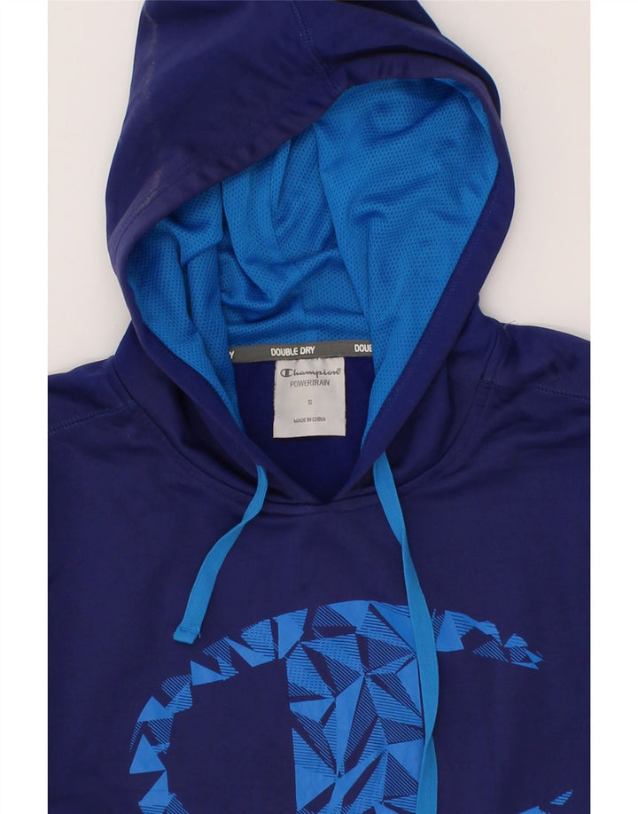 CHAMPION Mens Graphic Hoodie Jumper Small Navy Blue Polyester Vintage Champion and Second-Hand Champion from Messina Hembry 