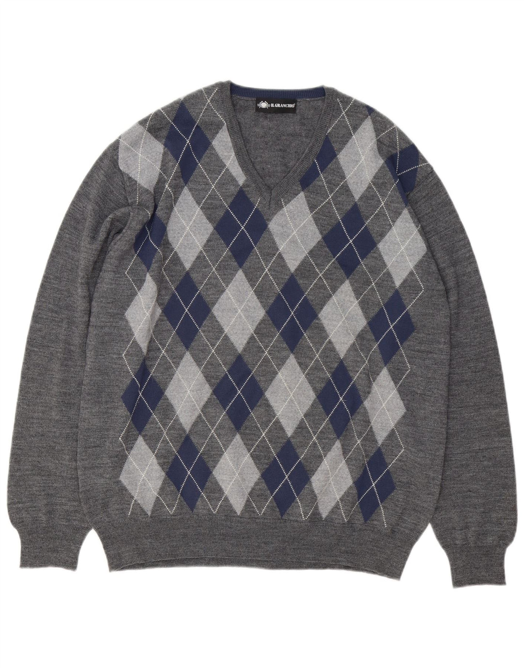 Il Granchio Męski sweter z dekoltem w kształcie litery V, duży, szary, argyle/diamentowa wełna
