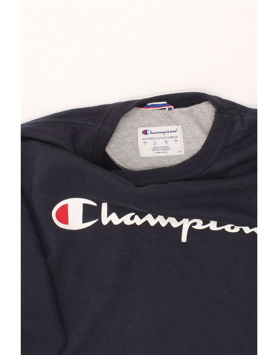 CHAMPION Mens Graphic Sweatshirt Jumper Small Navy Blue Cotton Vintage Champion and Second-Hand Champion from Messina Hembry 