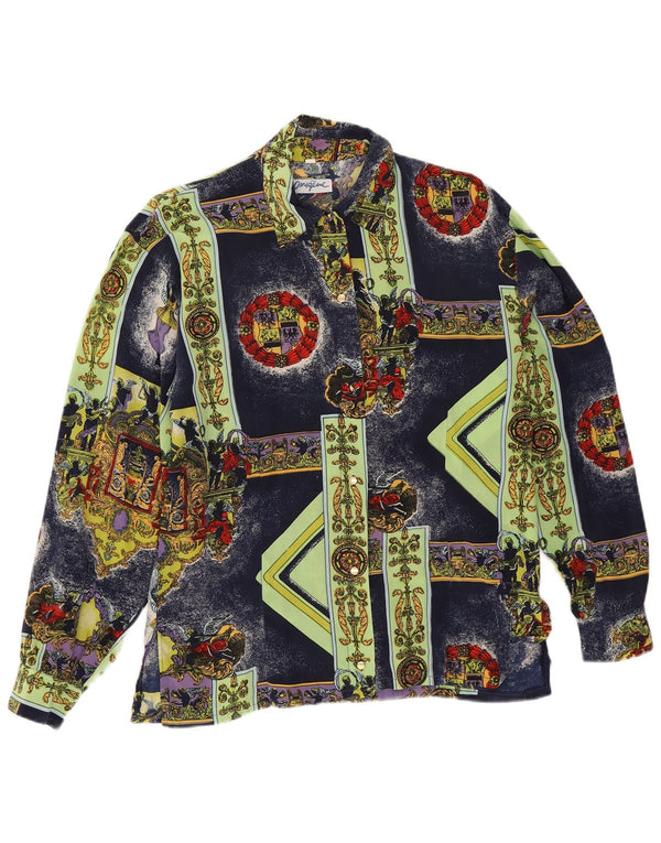 Vintage Womens Graphic Shirt Blouse EU 42 Large Navy Blue Geometric Silk