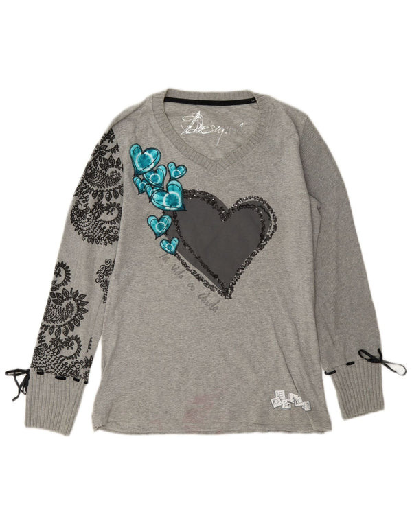 Desigual damski top graficzny z długim rękawem, UK 14, duży, szary, bawełniany paisley