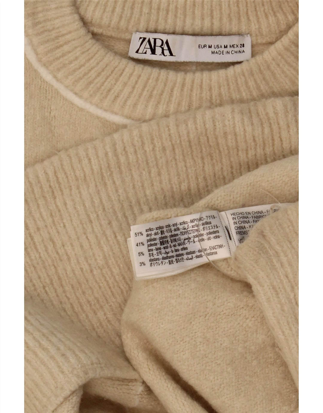 Damski sweter oversize Zara z okrągłym dekoltem UK 14, średni beż, akryl
