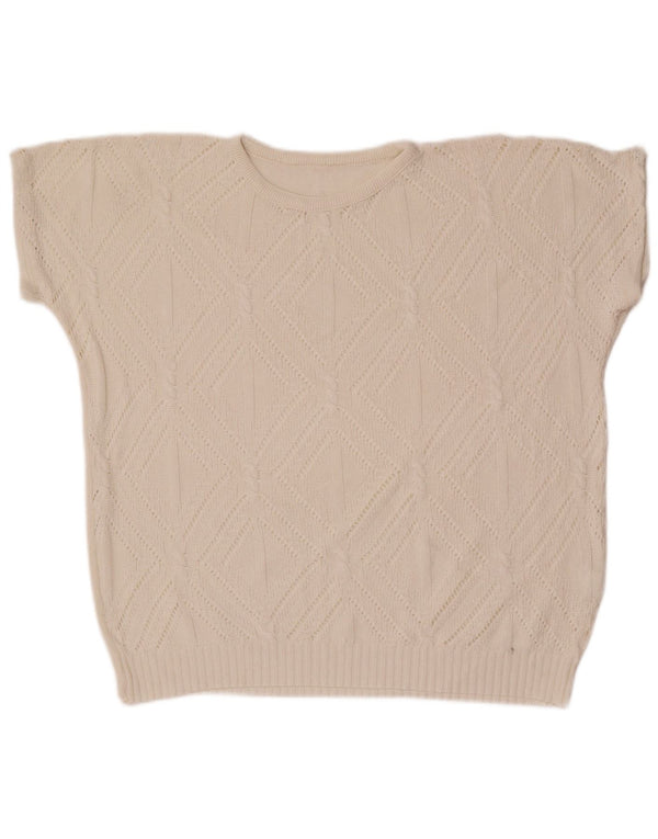 Sweter damski w stylu vintage z okrągłym dekoltem UK 14 Średni biały geometryczny