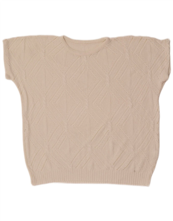Sweter damski w stylu vintage z okrągłym dekoltem UK 14 Średni biały geometryczny
