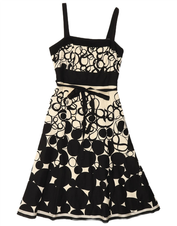 MONSOON Damska sukienka o linii A bez rękawów UK 10 Mała czarna, geometryczna lniana