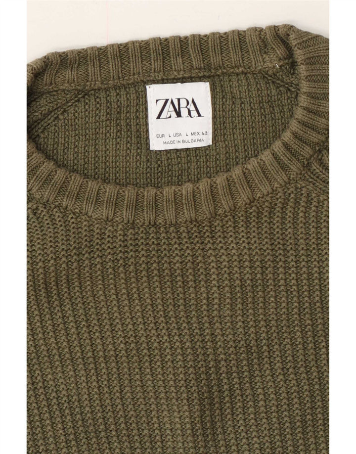 Męski sweter Zara z okrągłym dekoltem, duży, khaki