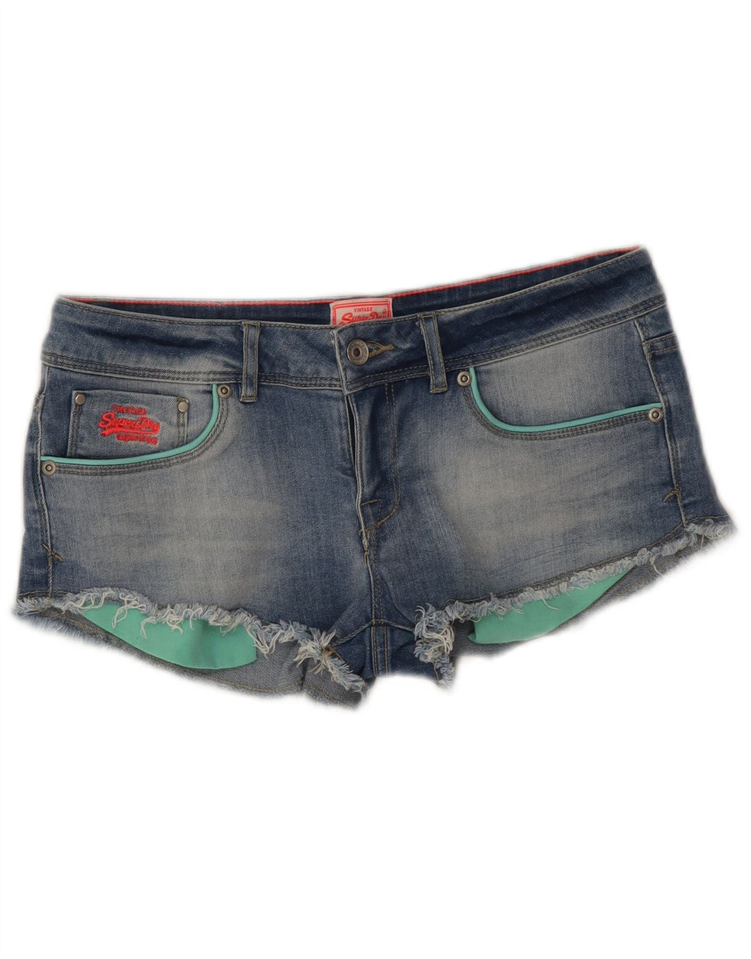 Damskie spodenki jeansowe Superdry z niskim stanem W30, średnioniebieskie, bawełniane