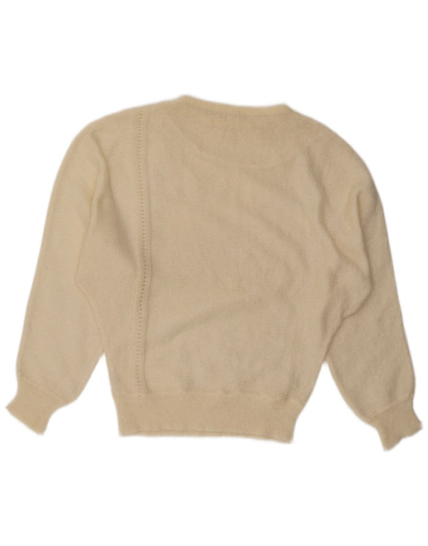Sweter damski w stylu vintage z dekoltem w łódkę UK 14, duży, złamany biały moher