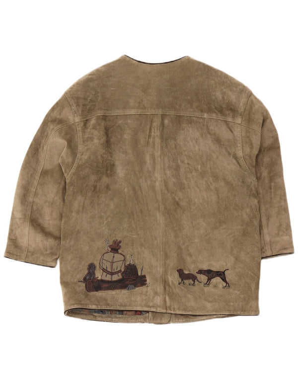 Męska zamszowa kurtka myśliwska w stylu vintage EU 42 z dużym nadrukiem zwierzęcym w kolorze khaki