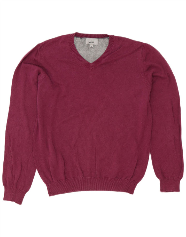 Męski sweter Marks & Spencer o regularnym kroju z dekoltem w kształcie litery V, średniofioletowy, bawełniany
