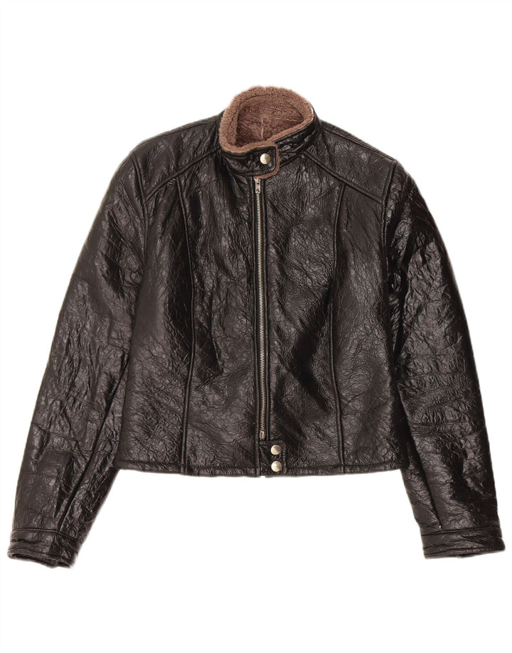 Vintage damska kurtka shearling UK 14, średnia czarna skóra