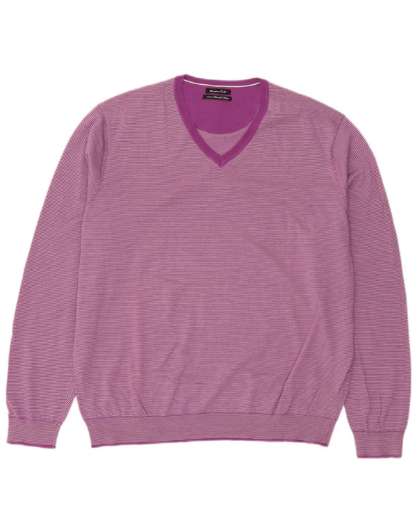 Męski sweter Massimo Dutti z dekoltem w kształcie litery V, XL, bawełniany w fioletowe paski