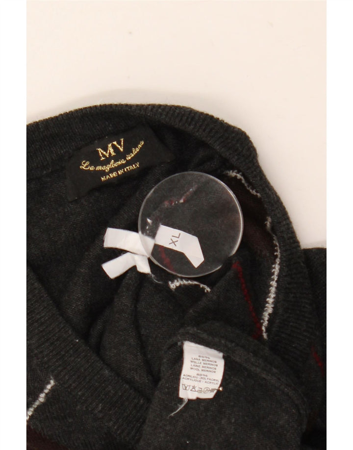 Vintage męski sweter z dekoltem w kształcie litery V XL szary Argyle/diamentowa wełna