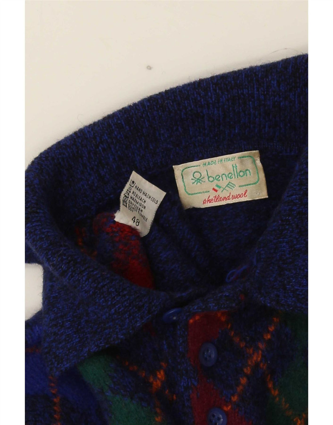 Męski sweter polo Benetton IT 48 Small Blue Argyle/diamentowa wełna