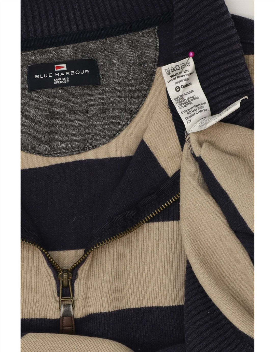 Marks & Spencer Męski sweter z zamkiem błyskawicznym, duży, bawełniany w granatowe paski