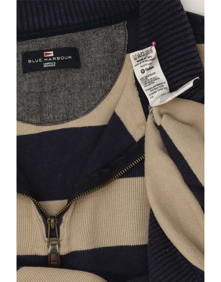 Marks & Spencer Męski sweter z zamkiem błyskawicznym, duży, bawełniany w granatowe paski