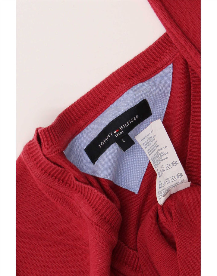 Męski sweter Tommy Hilfiger z dekoltem w kształcie litery V, duży, czerwony, bawełniany