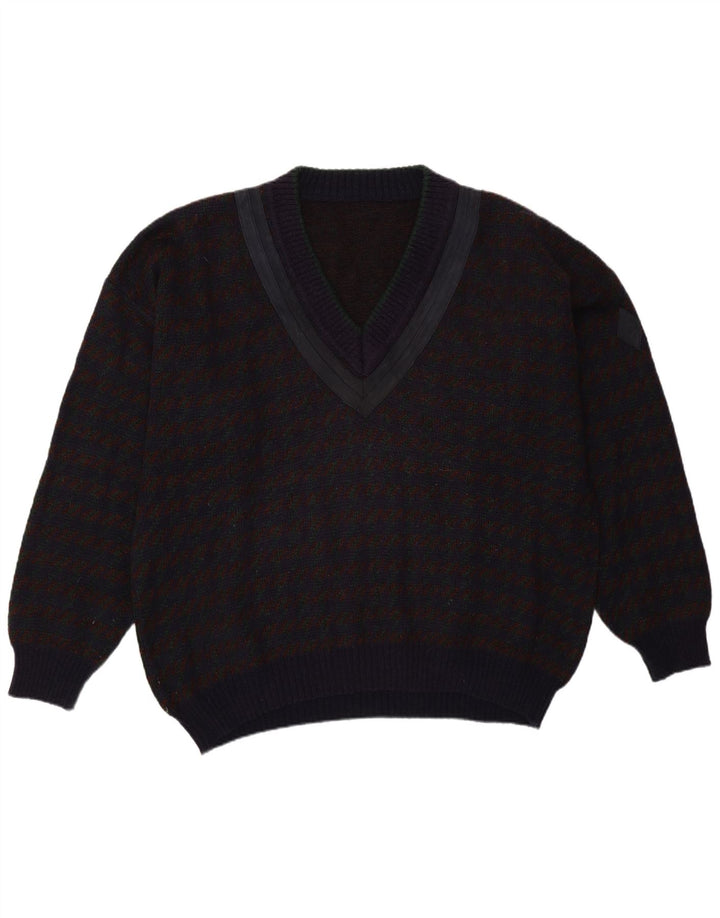 Vintage męski sweter z dekoltem w kształcie litery V, XL, fioletowa kratka