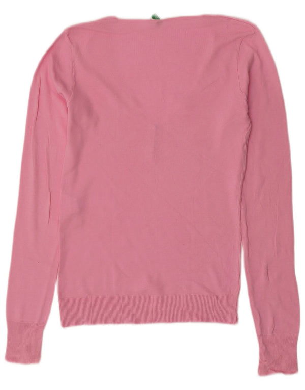 BENETTON Damski sweter z dekoltem w kształcie litery V, UK 12, średni różowy, bawełniany