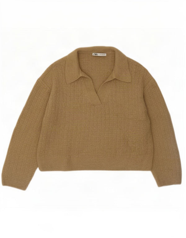 Damski sweter Zara o luźnym kroju i krótkim kroju, z dekoltem w kształcie polo, UK 14, średni khaki