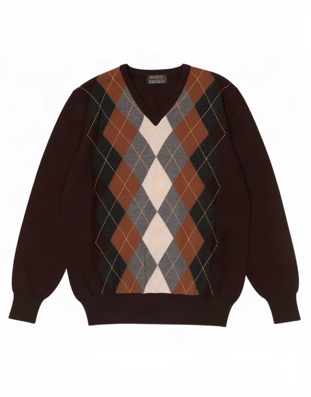 Męski sweter w stylu vintage z dekoltem w szpic IT 48 Średni brąz Argyle/Diament