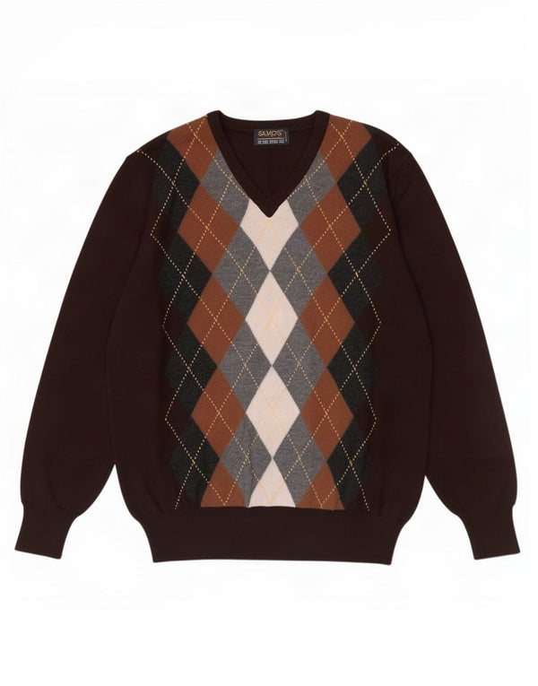 Męski sweter w stylu vintage z dekoltem w szpic IT 48 Średni brąz Argyle/Diament