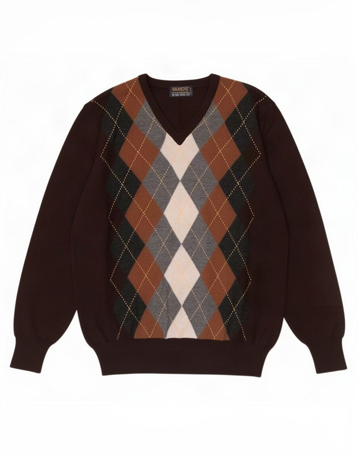 Męski sweter w stylu vintage z dekoltem w szpic IT 48 Średni brąz Argyle/Diament